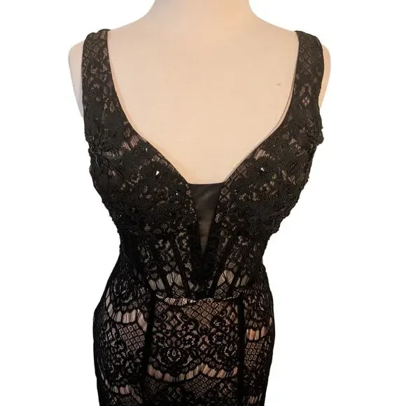 Black Lace Gown 5 Corset Nude Lining Formal Whimsigoth Witchy Vampire Romantic - Picture 4 of 13